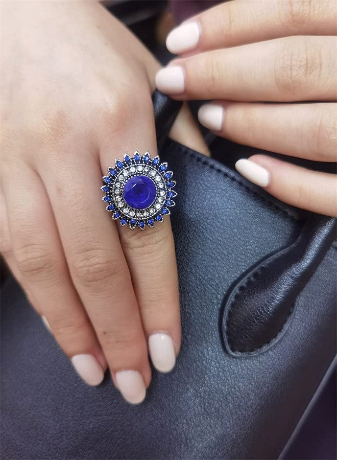 Dtja Vintage Blue Sunflower Statement Ring for Women Antique Round CZ Crystal Evil Eye Protection Adjustable Expandable Open Wrap Wedding Cocktail Party Rings Comfort Fit Art Deco Jewelry - Image 2