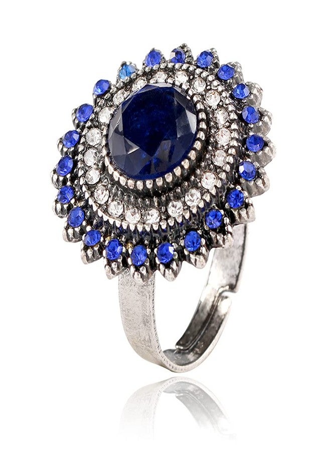 Dtja Vintage Blue Sunflower Statement Ring for Women Antique Round CZ Crystal Evil Eye Protection Adjustable Expandable Open Wrap Wedding Cocktail Party Rings Comfort Fit Art Deco Jewelry - Image 1
