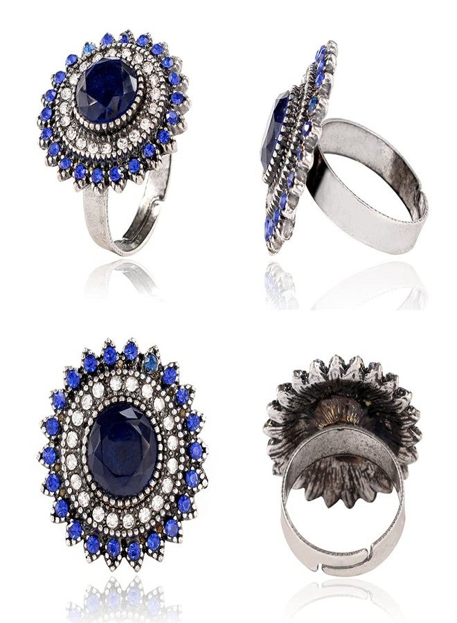 Dtja Vintage Blue Sunflower Statement Ring for Women Antique Round CZ Crystal Evil Eye Protection Adjustable Expandable Open Wrap Wedding Cocktail Party Rings Comfort Fit Art Deco Jewelry - Image 5