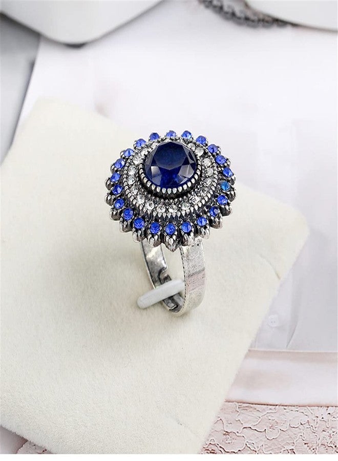Dtja Vintage Blue Sunflower Statement Ring for Women Antique Round CZ Crystal Evil Eye Protection Adjustable Expandable Open Wrap Wedding Cocktail Party Rings Comfort Fit Art Deco Jewelry - Image 4