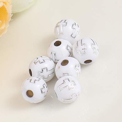 JGFinds Small Round Religious Spacer Beads, 500 Pack Ball Shaped Bead Spacers, 8mm (1/3 Inch) with 2mm Large Hole, Acrylic with Wood Look, Christian Beads (Silver Cross) - Image 4