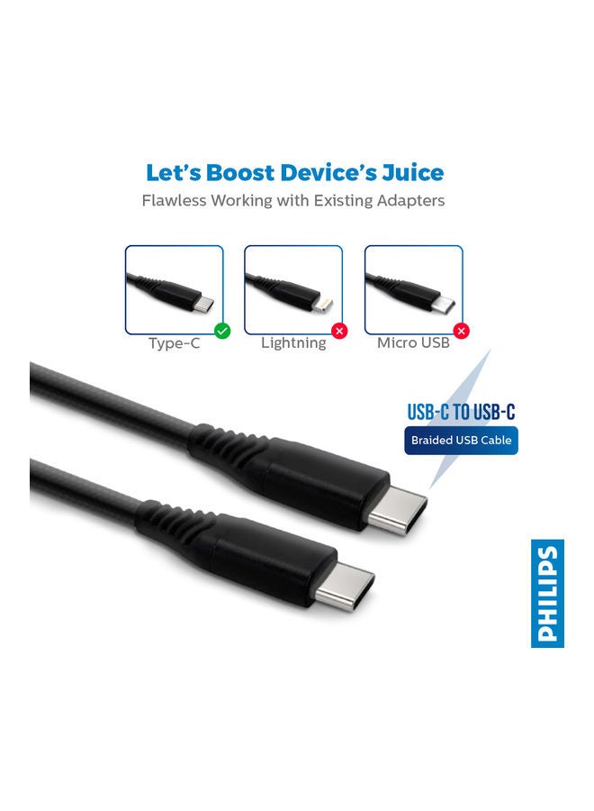 Philips DLC5206C/00 USB-C to USB-C 2M Braided Cable,15W Power Delivery, High-Speed USB 3.0 with 5Gbps Data Transfer, Durable Fast Charging Cable Compatible with Mobile Phones, PCs, Laptops, And More - Black - Image 3