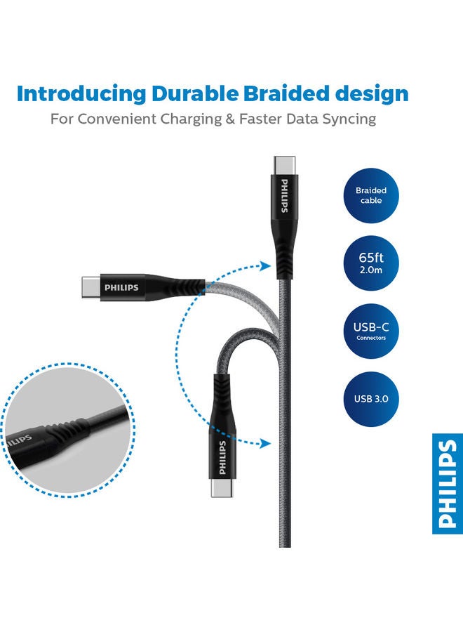 Philips DLC5206C/00 USB-C to USB-C 2M Braided Cable,15W Power Delivery, High-Speed USB 3.0 with 5Gbps Data Transfer, Durable Fast Charging Cable Compatible with Mobile Phones, PCs, Laptops, And More - Black - Image 2