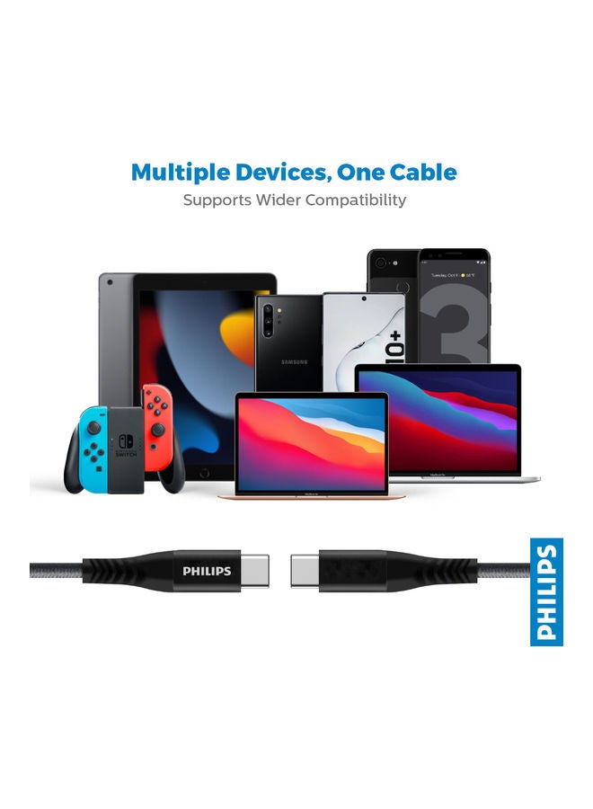 Philips DLC5206C/00 USB-C to USB-C 2M Braided Cable,15W Power Delivery, High-Speed USB 3.0 with 5Gbps Data Transfer, Durable Fast Charging Cable Compatible with Mobile Phones, PCs, Laptops, And More - Black - Image 5