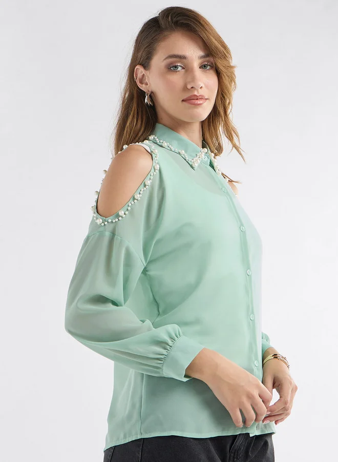 Splash FAV Slim Fit Pearl Embellished Shirt with Cold Shoulder