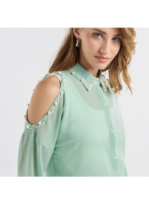 Slim Fit Pearl Embellished Shirt with Cold Shoulder