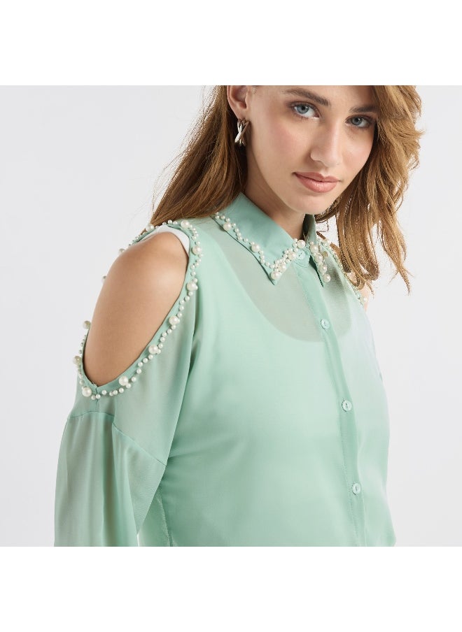 FAV Slim Fit Pearl Embellished Shirt with Cold Shoulder  - Image 1