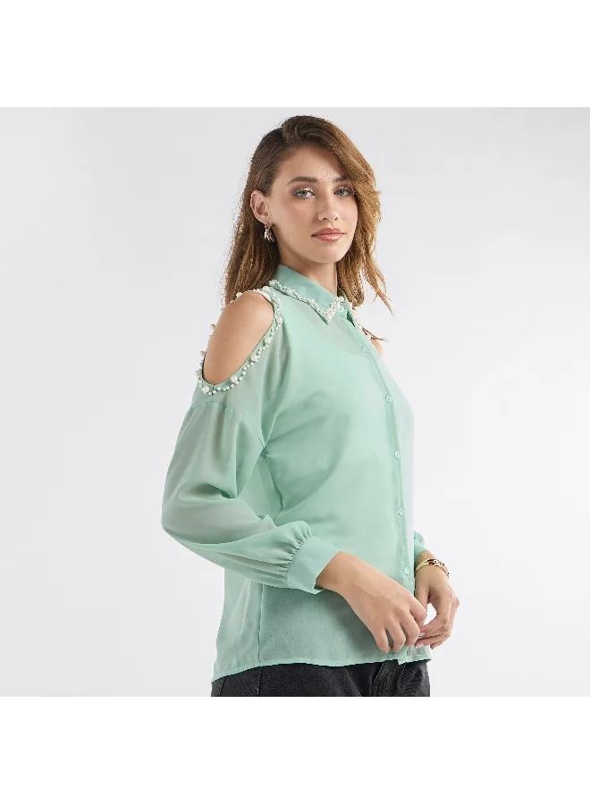 Splash FAV Slim Fit Pearl Embellished Shirt with Cold Shoulder