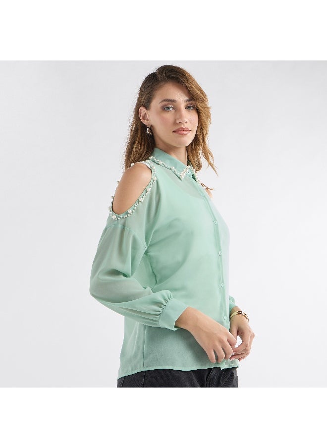 FAV Slim Fit Pearl Embellished Shirt with Cold Shoulder  - Image 3