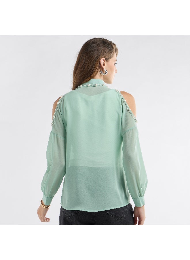 FAV Slim Fit Pearl Embellished Shirt with Cold Shoulder  - Image 2
