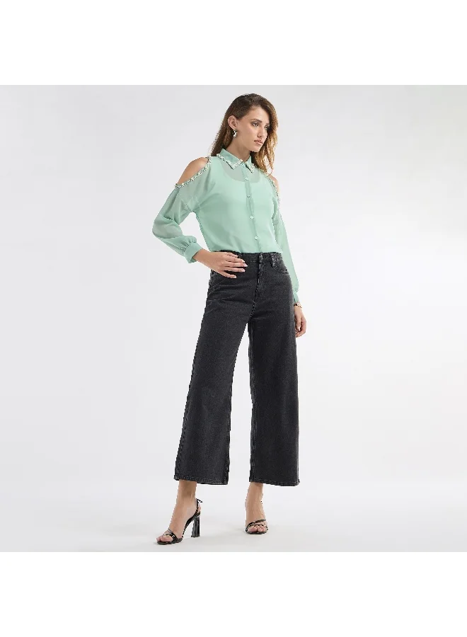 Splash FAV Slim Fit Pearl Embellished Shirt with Cold Shoulder