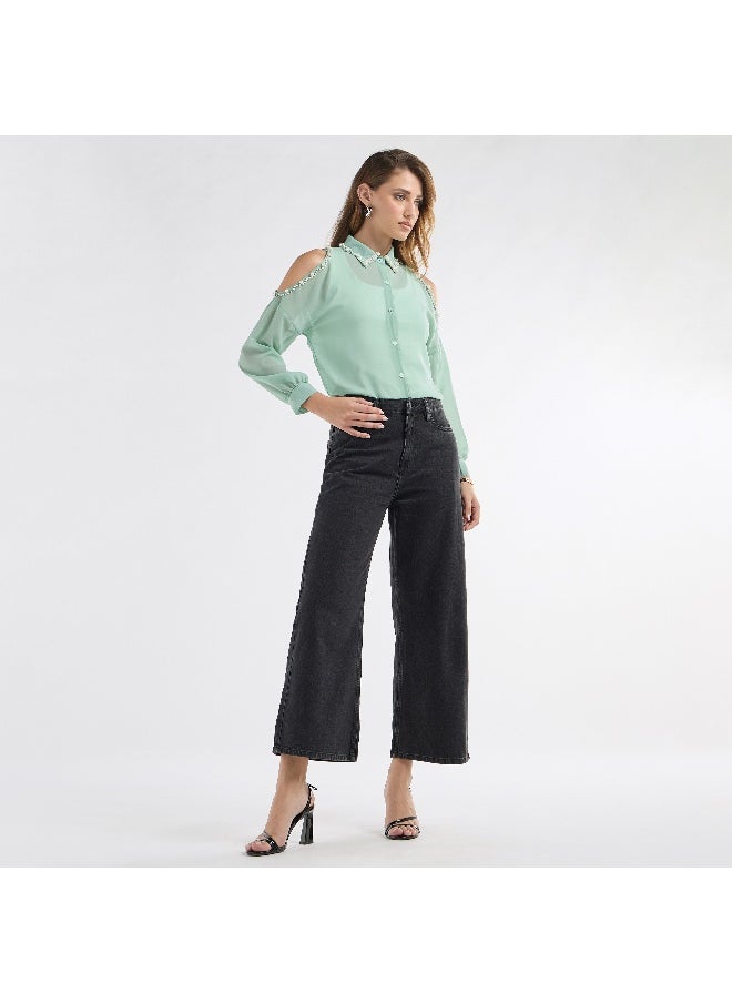 FAV Slim Fit Pearl Embellished Shirt with Cold Shoulder  - Image 4