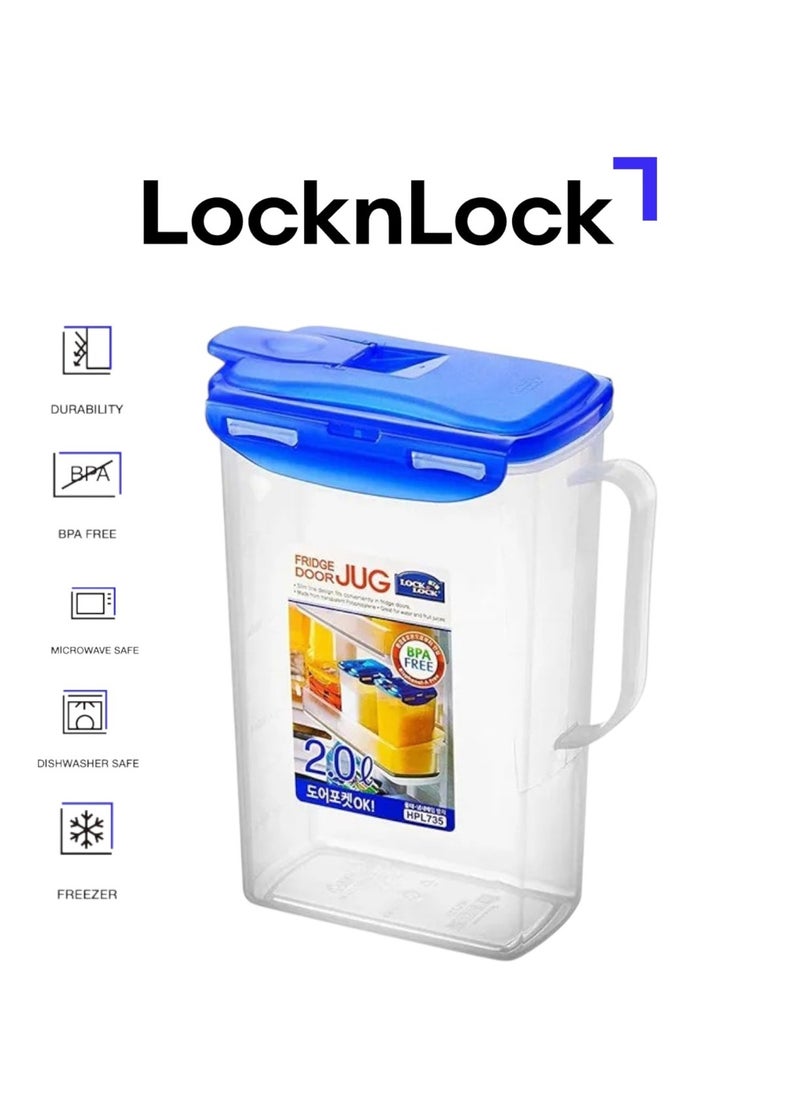 LOCK & LOCK LocknLock 2L Fridge Door Jug with Resealable Flip-Top - Airtight, BPA-Free, Microwave, Freezer, and Dishwasher Safe  - Image 1