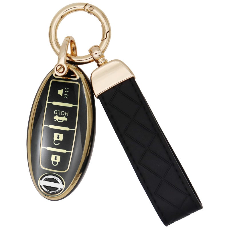 SUNCARACCL for Nissan Key Fob Cover with Leather Keychain, Soft TPU Full Cover Protection Key Case for Altima Maxima Rogue Armada Pathfinder Smart Key(Black) - Image 1