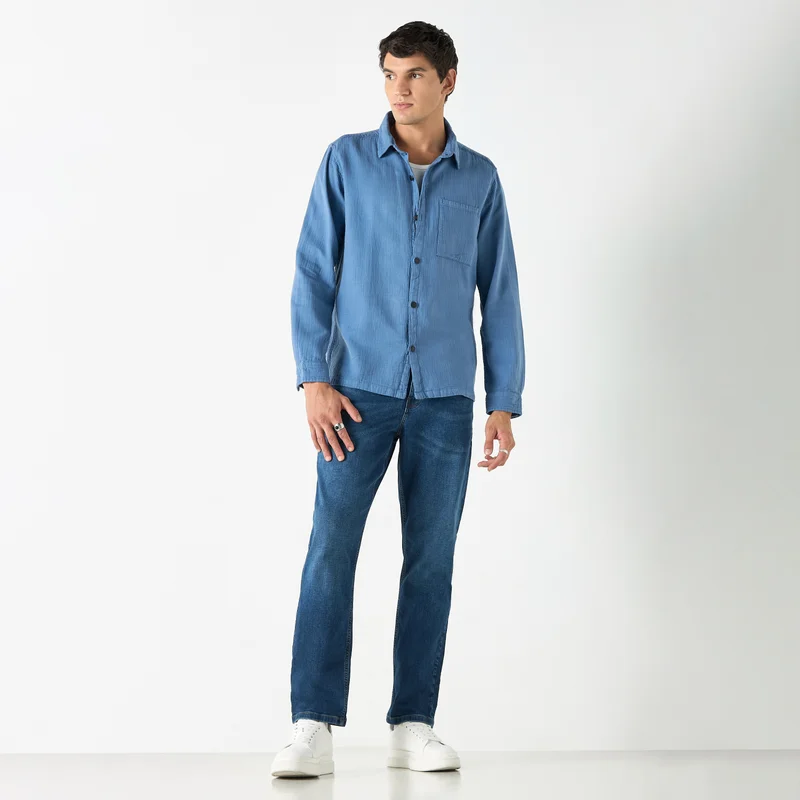 Lee Cooper Lee Cooper Relaxed Fit Textured Denim Shirt with Pocket