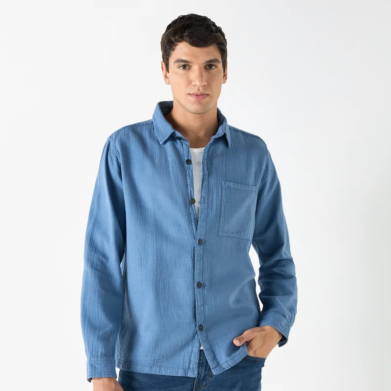 Lee Cooper Lee Cooper Relaxed Fit Textured Denim Shirt with Pocket