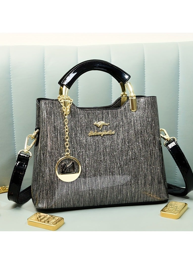 AROAQ Luxury Women's Top-Handle Bag Patent Leather Shoulder Handbag with Zipper Closure and Polyester Lining  - Image 2