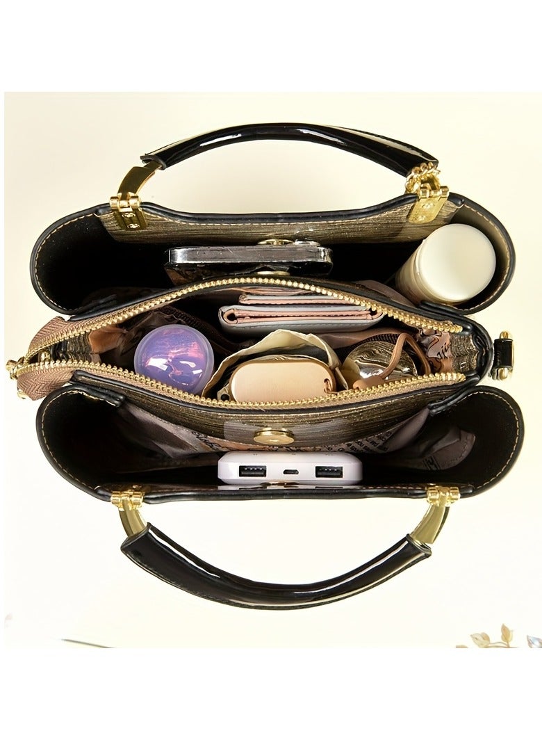 AROAQ Luxury Women's Top-Handle Bag Patent Leather Shoulder Handbag with Zipper Closure and Polyester Lining  - Image 3
