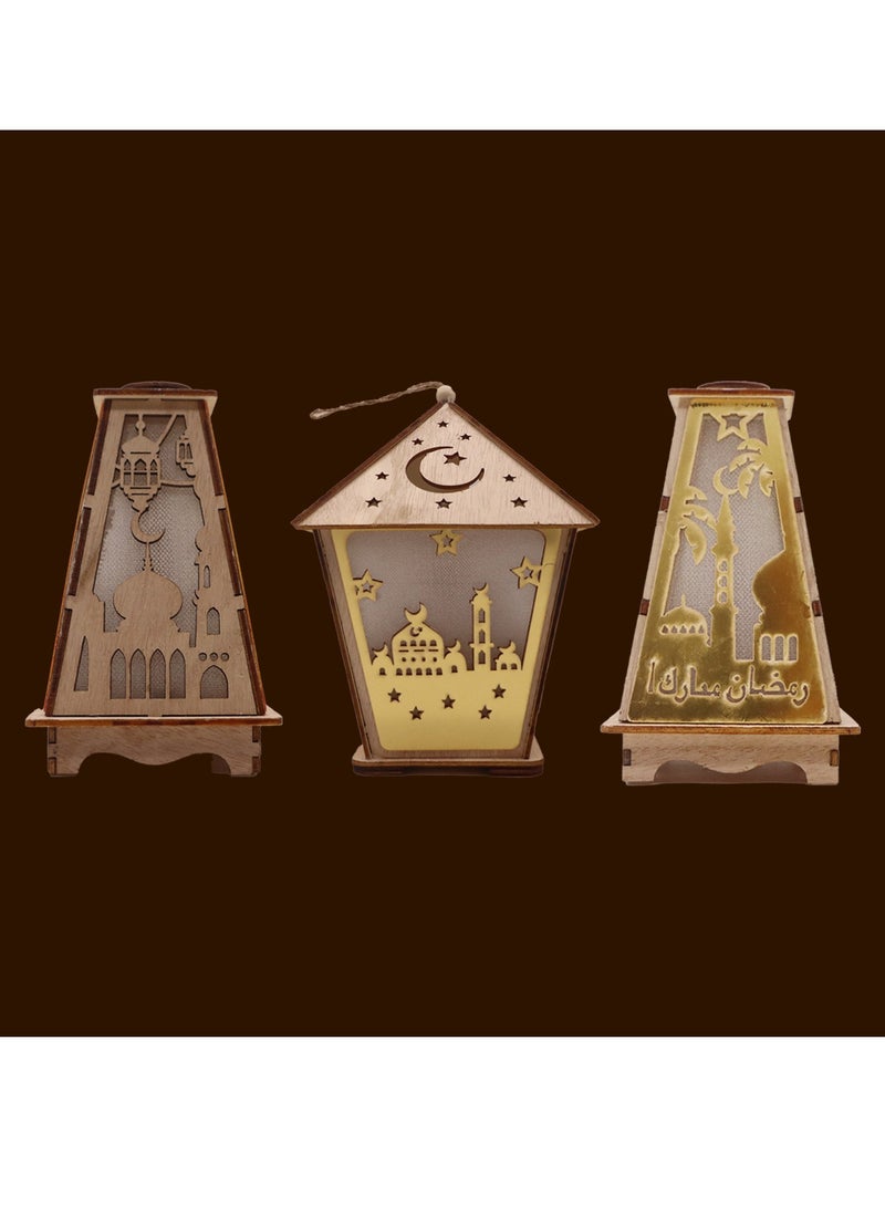 يوويل 3 قطع خشبية فانوس رمضان رمضان مبارك ديكور ضوء العيد مصباح فانوس للاستخدام الداخلي والخارجي ديكور ضوء رمضان - Image 2