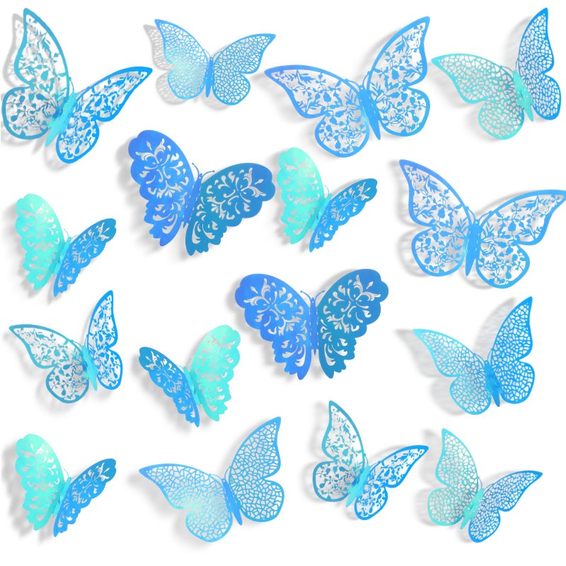 72 Pieces 3D Butterfly Wall Decals Sticker Decal Wall Decor Art Decorative Sticker 3 Sizes for Room Home Nursery Classroom Offices Bedroom Bathroom Living Room DecorHolographic Blue