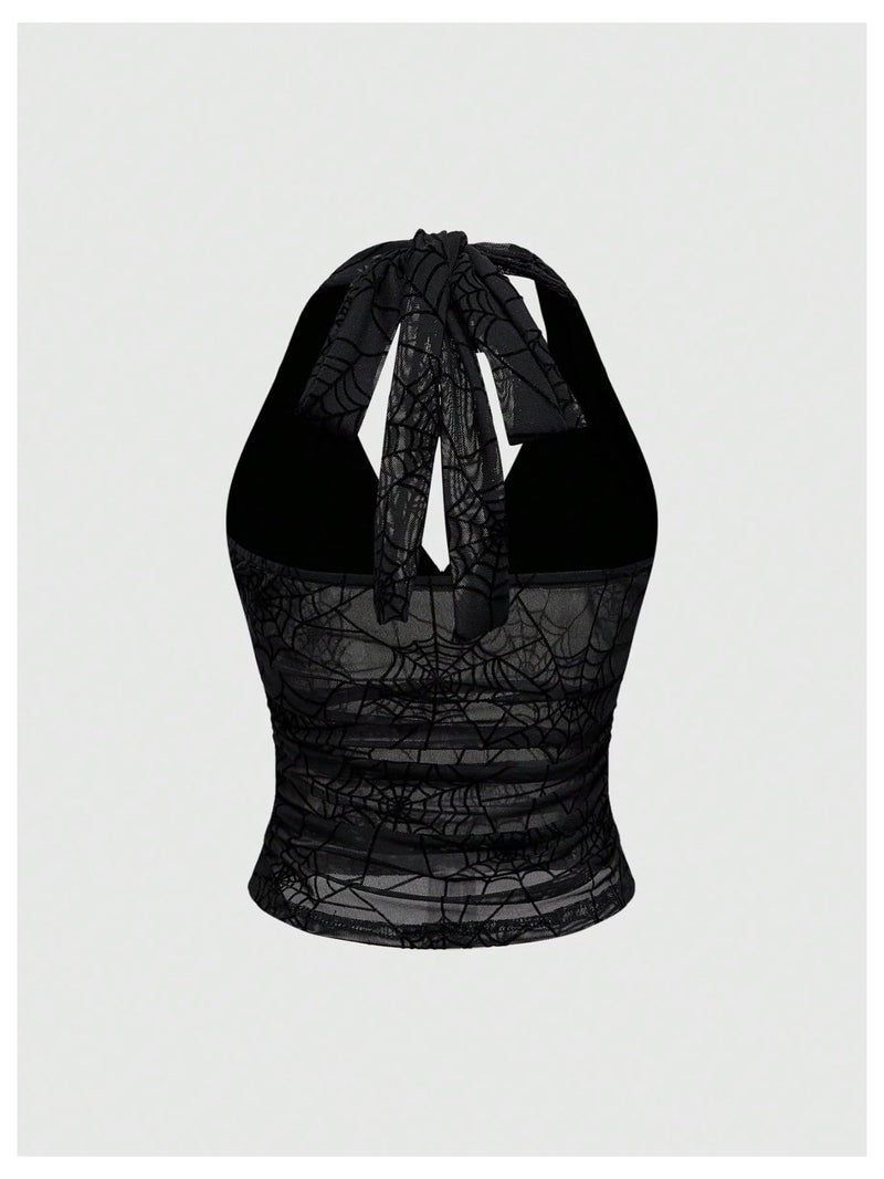 Verdusa Women's Y2k Gothic Goth Halter Top Mesh Sheer Backless Going Out Tops Emo Grunge Clothes Rave Outfits Black Small - Image 3