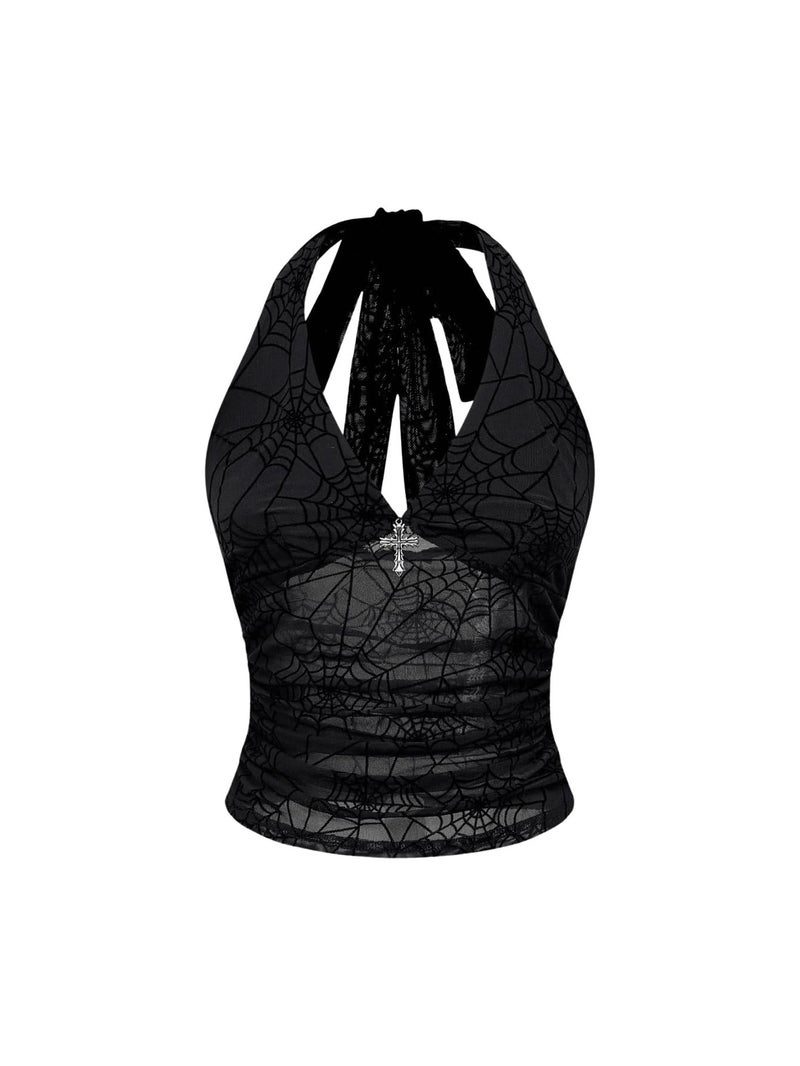 Verdusa Women's Y2k Gothic Goth Halter Top Mesh Sheer Backless Going Out Tops Emo Grunge Clothes Rave Outfits Black Small - Image 1