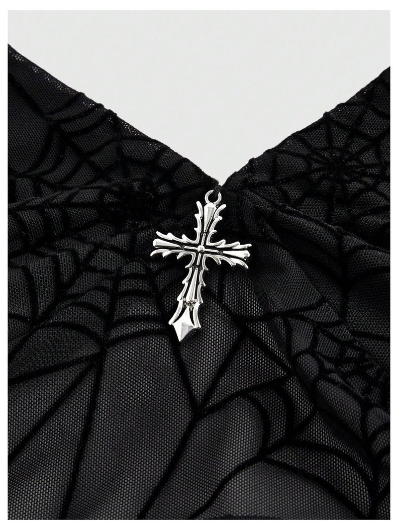 Verdusa Women's Y2k Gothic Goth Halter Top Mesh Sheer Backless Going Out Tops Emo Grunge Clothes Rave Outfits Black Small - Image 4