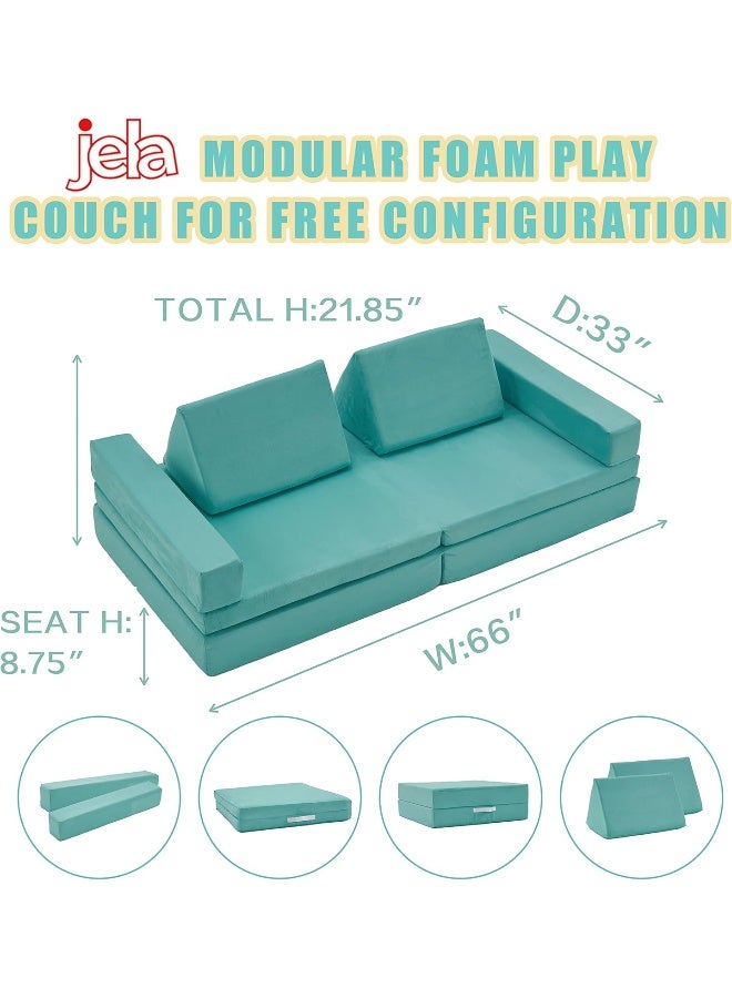 jela Jela Kids Modular Play Couch - Extended Size 8PCS, Floor Sofa for Family & Toddlers, 66" x 33" x 22" Mint Blue  - Image 3
