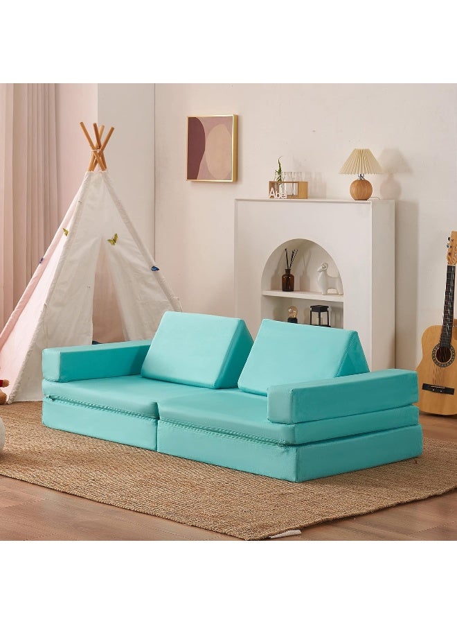 jela Jela Kids Modular Play Couch - Extended Size 8PCS, Floor Sofa for Family & Toddlers, 66" x 33" x 22" Mint Blue  - Image 1