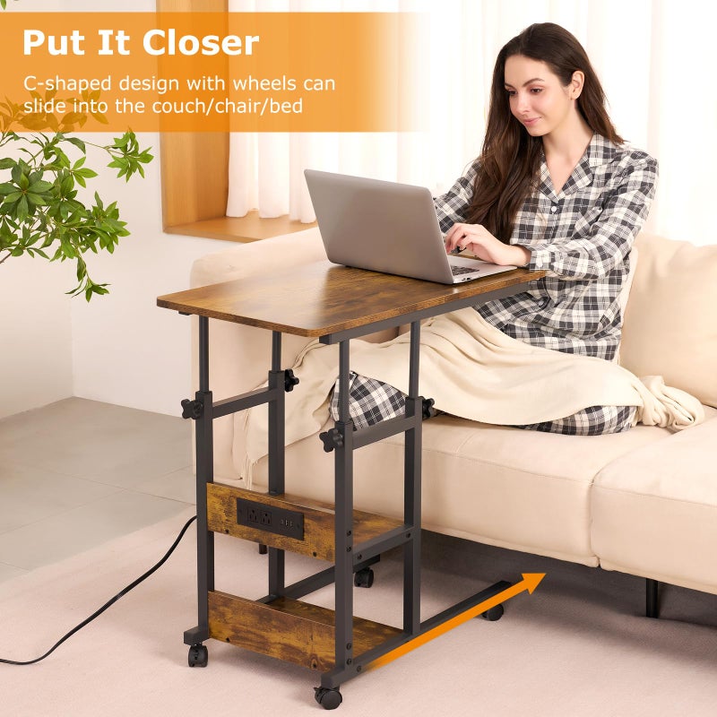 armocity C Shaped End Table Height Adjustable - Couch Side Table with Charging Station, TV Tray with Wheels Slide Under Sofa for Small Spaces, Living Room Bedroom, Rustic Brown - Image 3