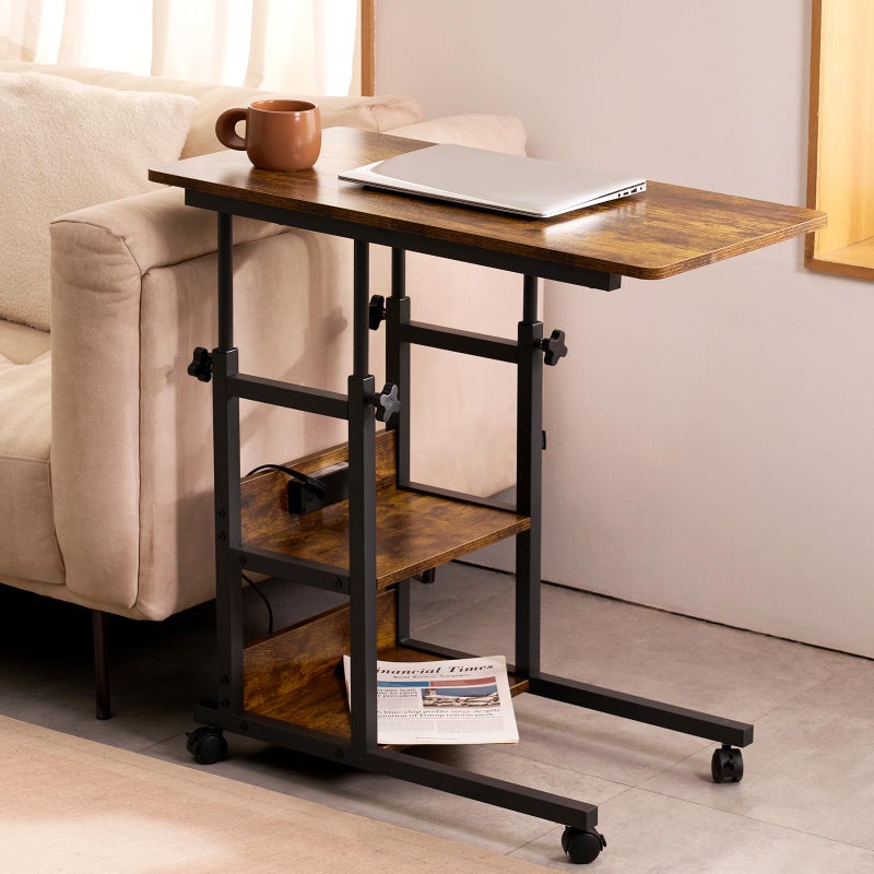 armocity C Shaped End Table Height Adjustable - Couch Side Table with Charging Station, TV Tray with Wheels Slide Under Sofa for Small Spaces, Living Room Bedroom, Rustic Brown - Image 1