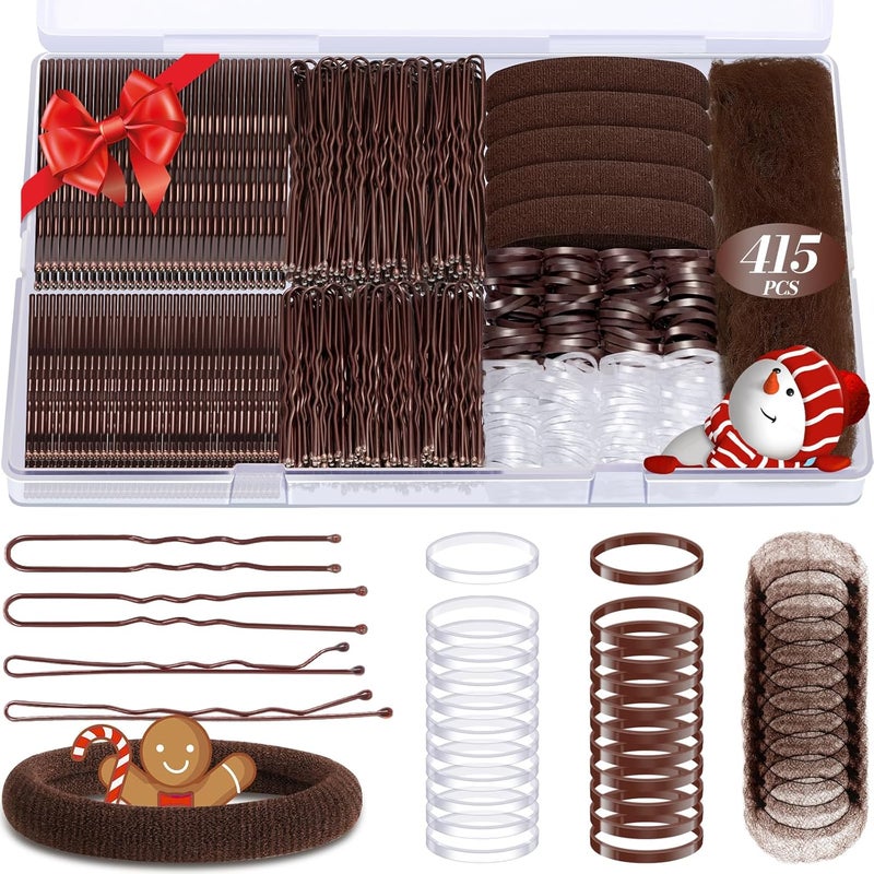 IKOCO 415pcs Bobby Pins Hair Pins Set, 200pcs U Shaped Pins & Elastic Hair Ties for Women with Hair Net, Brown - Image 1