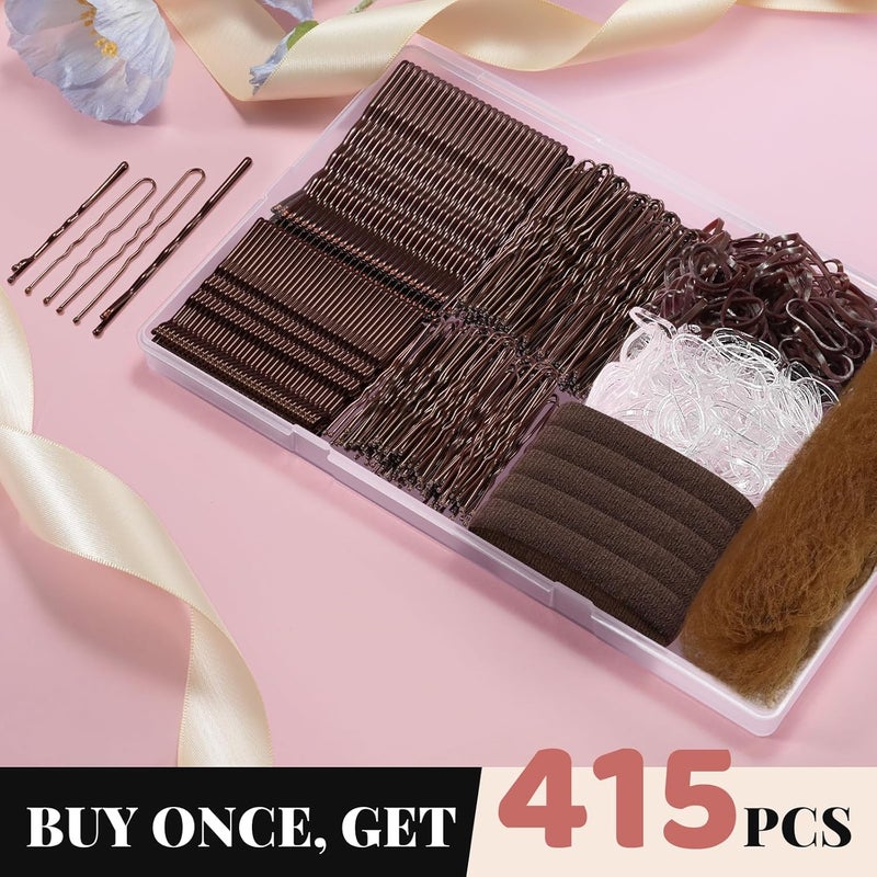 IKOCO 415pcs Bobby Pins Hair Pins Set, 200pcs U Shaped Pins & Elastic Hair Ties for Women with Hair Net, Brown - Image 2