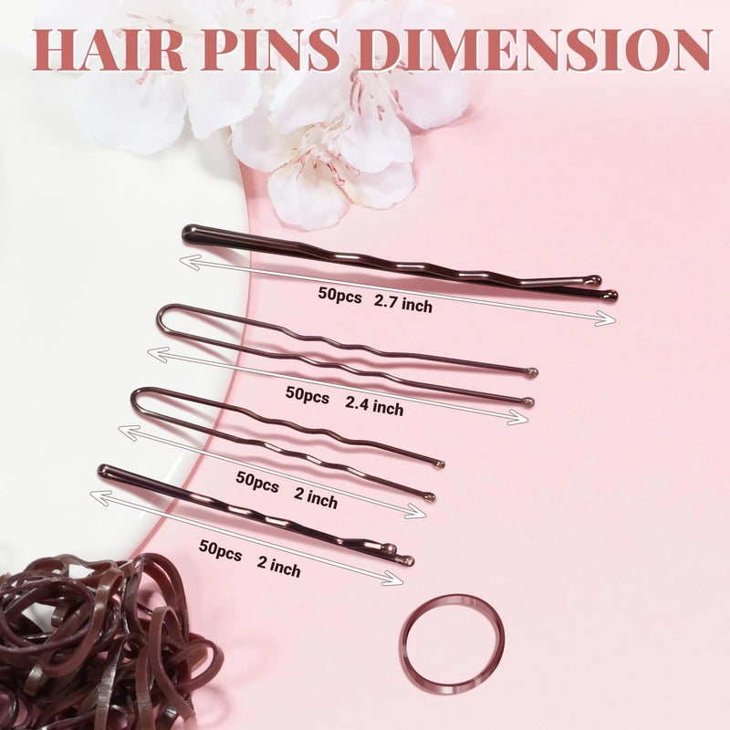 IKOCO 415pcs Bobby Pins Hair Pins Set, 200pcs U Shaped Pins & Elastic Hair Ties for Women with Hair Net, Brown - Image 3