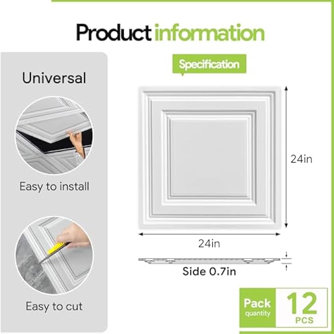 WHITE ICON RELIEF PVC CEILING TILES，2'X2' DROP CEILING PANEL - WATERPROOF，WASHABLE AND FIRE-RATED - REUSABLE-HIGH-GRADE PVC TO PREVENT BREAKAGE COVER 48 SQ. FT, PACK OF 12 TILES - Image 3