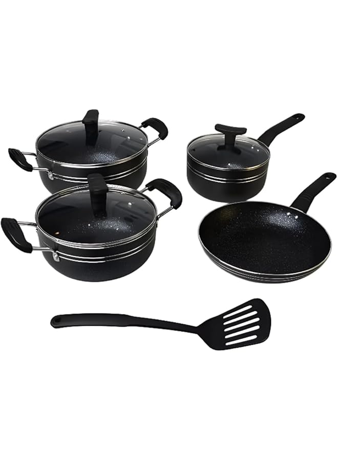 كادي ون طقم أواني جرانيت مع سطح غير لاصق ومقابض عازلة للحرارة وأغطية من الفولاذ المقاوم للصدأ، 8 قطع (مقلاة 16 سم، مقلاة 24 سم، قدر 20 سم، ملعقة سيليكون 24 سم)