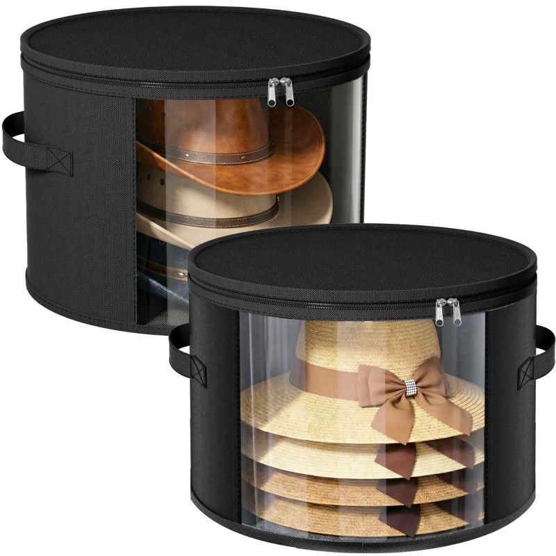 Ofiray-home 2 Pack Large Clear Hat Storage Boxes, Hold up to 7-9 Hats, Hat Organizer for Closet, Sturdy & Foldable, Hat Box with Carrying Handles for Round Brim, Wide-Brim, Cowboy, Sun Hat (Black) - Image 1