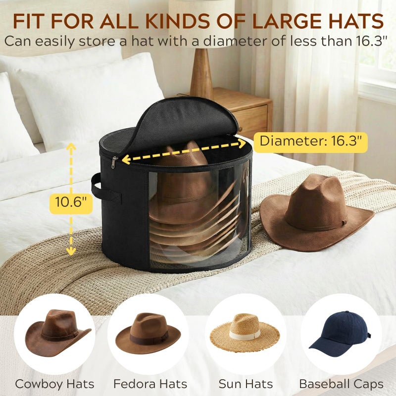 Ofiray-home 2 Pack Large Clear Hat Storage Boxes, Hold up to 7-9 Hats, Hat Organizer for Closet, Sturdy & Foldable, Hat Box with Carrying Handles for Round Brim, Wide-Brim, Cowboy, Sun Hat (Black) - Image 3