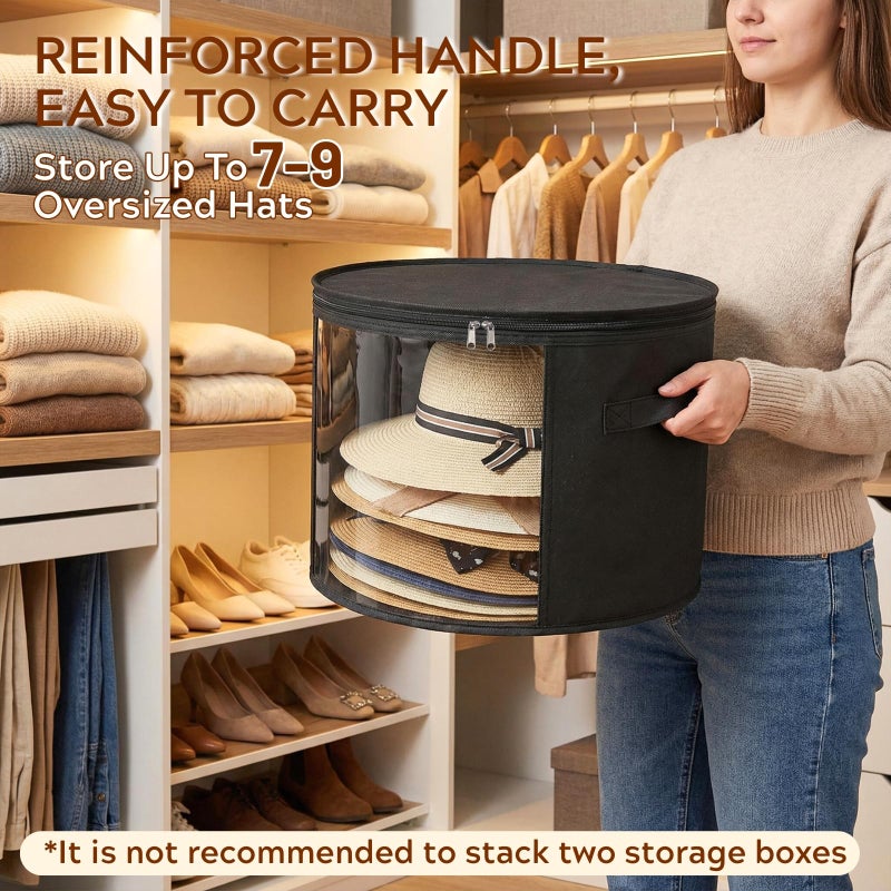 Ofiray-home 2 Pack Large Clear Hat Storage Boxes, Hold up to 7-9 Hats, Hat Organizer for Closet, Sturdy & Foldable, Hat Box with Carrying Handles for Round Brim, Wide-Brim, Cowboy, Sun Hat (Black) - Image 2