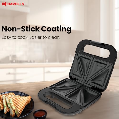 Havells Quick Crunch Sandwich Maker |2 slice sandwich maker| 800 W| Power Indicator Light| Food Grade Non-Stick Plates| Heat Resistant Body| Quick Heating|2 Years Door Step Warranty by Havells (Black) - Image 4
