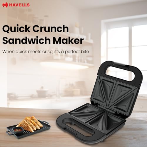 Havells Quick Crunch Sandwich Maker |2 slice sandwich maker| 800 W| Power Indicator Light| Food Grade Non-Stick Plates| Heat Resistant Body| Quick Heating|2 Years Door Step Warranty by Havells (Black) - Image 2