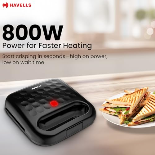 Havells Quick Crunch Sandwich Maker |2 slice sandwich maker| 800 W| Power Indicator Light| Food Grade Non-Stick Plates| Heat Resistant Body| Quick Heating|2 Years Door Step Warranty by Havells (Black) - Image 3