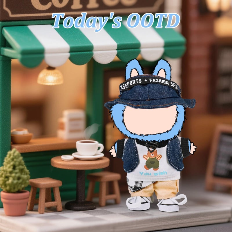 ARTST Doll Clothes for 17cm Labubu,Cool Causal Outfit Accessories Clothing for 17cm/6.7inch Doll-Jean Bucket Hat+T-Shirts+Cowboy Vest+Khaki Pants+Canvas+Waist Scarf (White) - Image 3