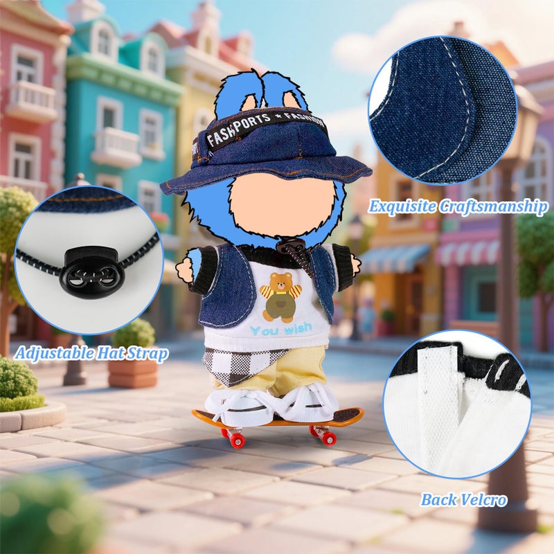ARTST Doll Clothes for 17cm Labubu,Cool Causal Outfit Accessories Clothing for 17cm/6.7inch Doll-Jean Bucket Hat+T-Shirts+Cowboy Vest+Khaki Pants+Canvas+Waist Scarf (White) - Image 4