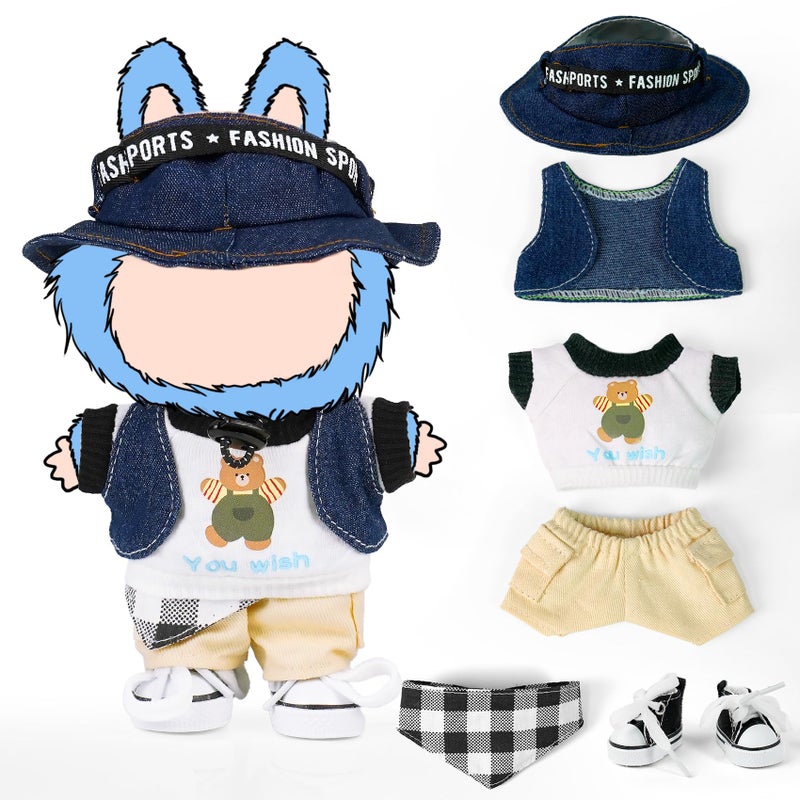 ARTST Doll Clothes for 17cm Labubu,Cool Causal Outfit Accessories Clothing for 17cm/6.7inch Doll-Jean Bucket Hat+T-Shirts+Cowboy Vest+Khaki Pants+Canvas+Waist Scarf (White) - Image 1
