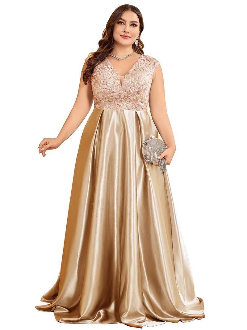XUIBOL Plus Size Satin Mother of The Bride Formal Gown for Wedding Sleeveless V-Neck Evening Dress Champagne 12 - Image 1