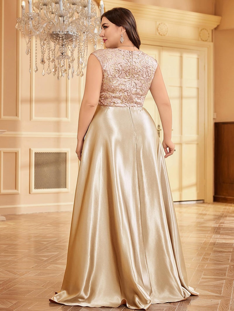 XUIBOL Plus Size Satin Mother of The Bride Formal Gown for Wedding Sleeveless V-Neck Evening Dress Champagne 12 - Image 2
