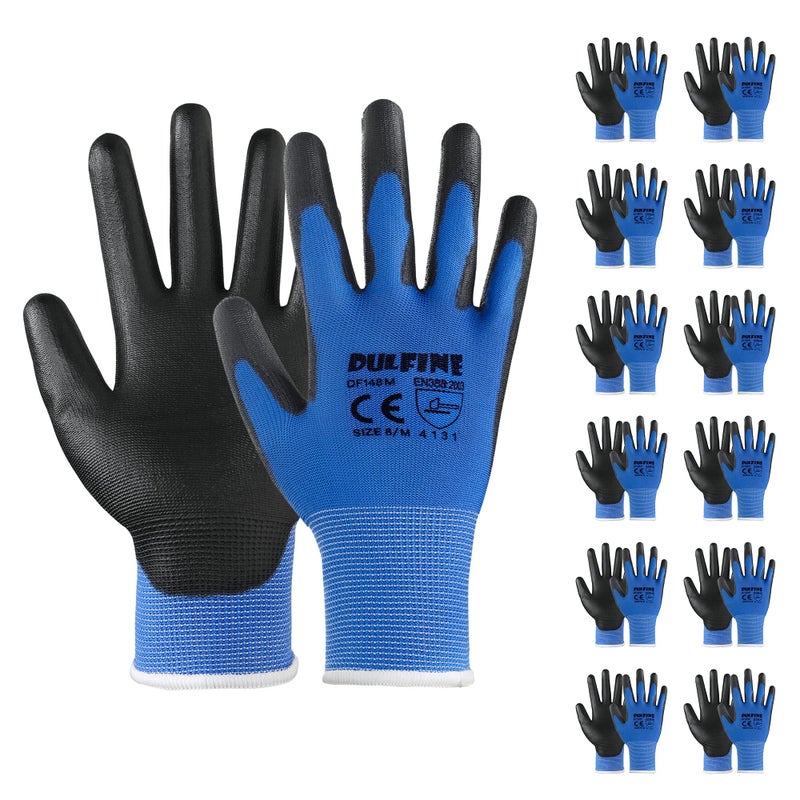 DULFINE Safety Work Gloves PU Coated-12 Pairs,Blue Seamless Knit Glove with Polyurethane Coated Smooth Grip on Palm & Fingers, for Men and Women, Ideal for General Duty Work (Large) - Image 1