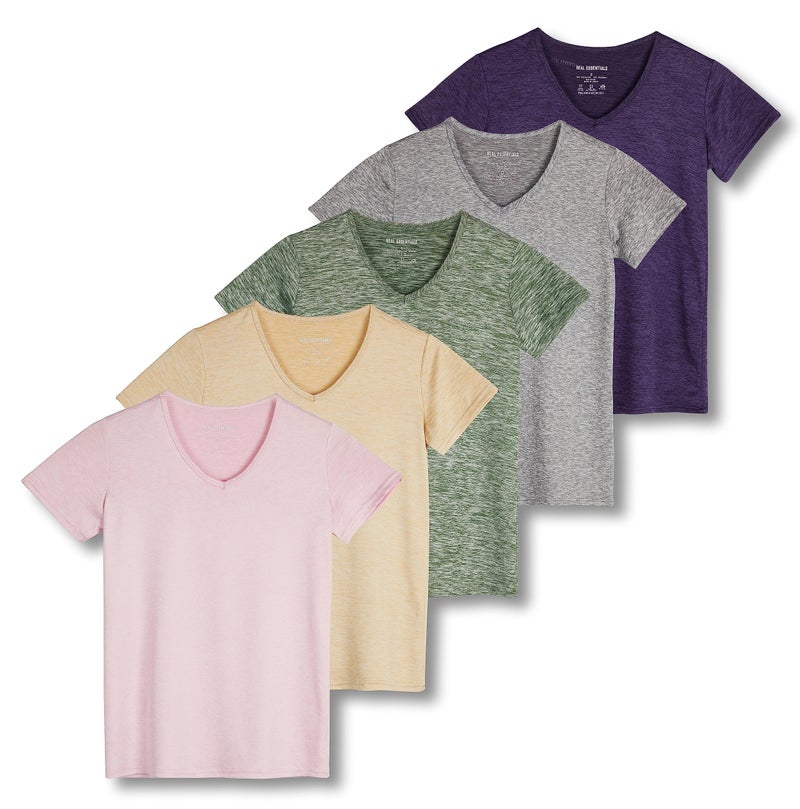 REALESSENTIALS Real Essentials 5 Pack: Women's Dry Fit Short Sleeve V Neck Workout Top - Fitness Pilates Gym Athletic Yoga T-Shirt (Plus Available), Set 14, L - Image 1