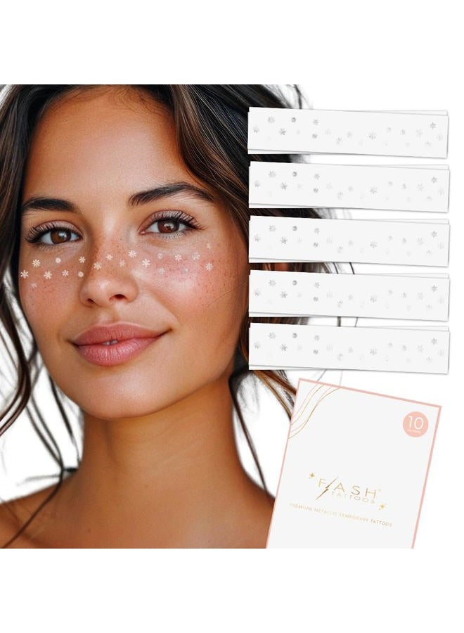 Flash+Tattoos Snowflake Freckles set of 10 premium waterproof metallic silver winter inspired temporary foil face - Party Favors, Party Supplies, Holiday parties, snow, winter, frozen - Image 1